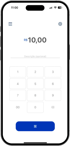 Tela do app com teclado numérico exibindo o valor de R$ 10,00 e campo de descrição