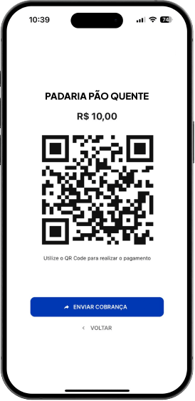 Tela do app exibindo o QR Code de cobrança gerado, com o valor e o botão de enviar cobrança