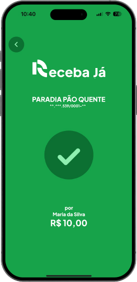 Tela verde de confirmação do app, com o valor recebido e o nome de quem pagou